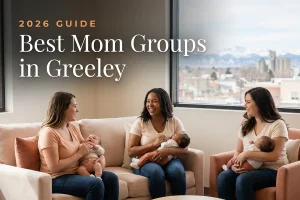 Best mom groups in Greeley, CO: three moms holding their babies at a Greeley new-parent meetup