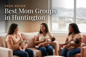 Best mom groups in Huntington, WV: three moms holding their babies at a Huntington new-parent meetup
