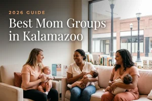 Best mom groups in Kalamazoo, MI: three moms holding their babies at a Kalamazoo new-parent meetup