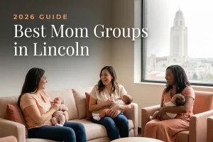 Best mom groups in Lincoln, NE: three moms holding their babies at a Lincoln new-parent meetup