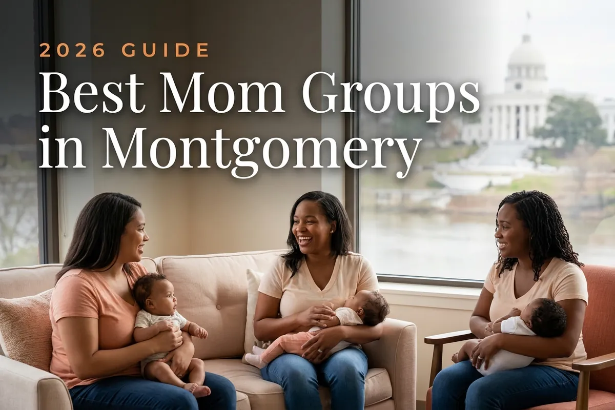 Best Mom Groups in Montgomery | Betteroo Best mom groups in Montgomery, AL: three moms holding their babies at a Montgomery new-parent meetup