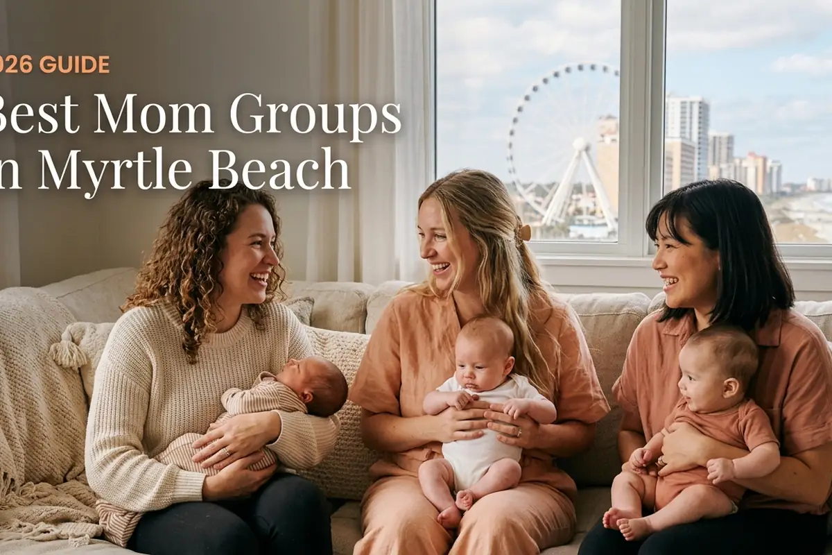 Bestmomgroupsmyrtlebeach2026 | Betteroo Three moms with babies at a mom group meetup in Myrtle Beach, SC, from the 2026 guide to the best mom groups in Myrtle Beach