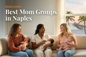 Three moms with babies at a mom group meetup in Naples, FL, from a guide to the best mom groups in Naples