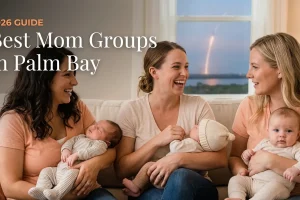 Three moms with babies at a mom group meetup in Palm Bay, FL, from the 2026 guide to the best mom groups in Palm Bay