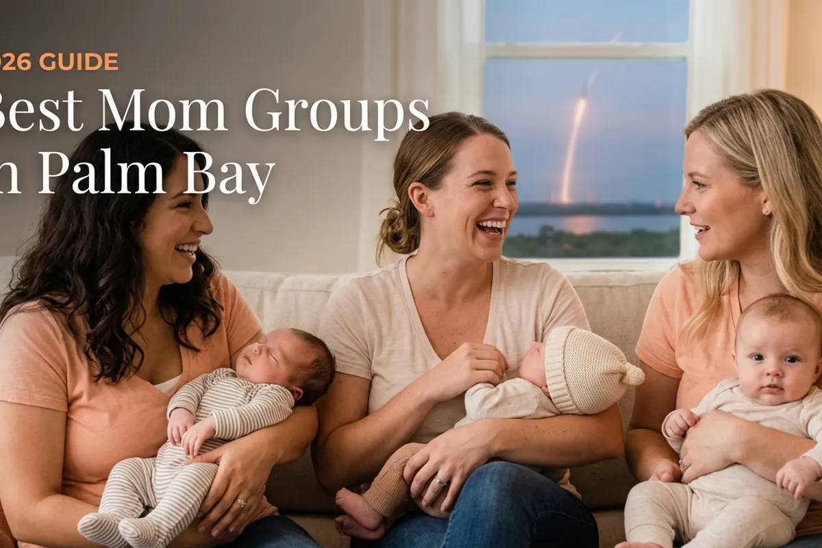 Three moms with babies at a mom group meetup in Palm Bay, FL, from the 2026 guide to the best mom groups in Palm Bay