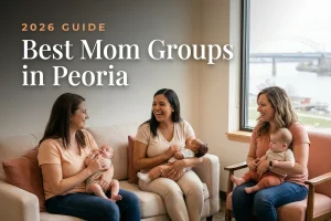 Best mom groups in Peoria, IL: three moms holding their babies at a Peoria new-parent meetup