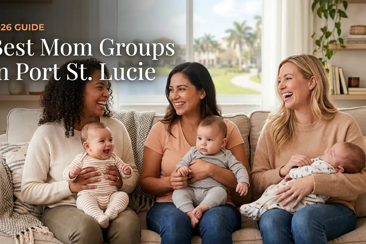 Three moms with babies at a mom group meetup in Port St. Lucie, FL, from the 2026 guide to the best mom groups in Port St. Lucie