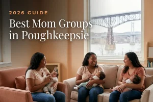 Best mom groups in Poughkeepsie, NY: three moms holding their babies at a Poughkeepsie new-parent meetup