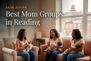 Best mom groups in Reading, PA: three moms holding their babies at a Reading new-parent meetup