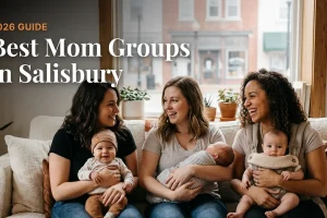 Bestmomgroupssalisbury2026 | Betteroo Three moms with babies at a mom group meetup in Salisbury, MD, from the 2026 guide to the best mom groups in Salisbury