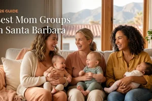 Bestmomgroupssantabarbara2026 | Betteroo Three moms with babies at a mom group meetup in Santa Barbara, CA, from the 2026 guide to the best mom groups in Santa Barbara