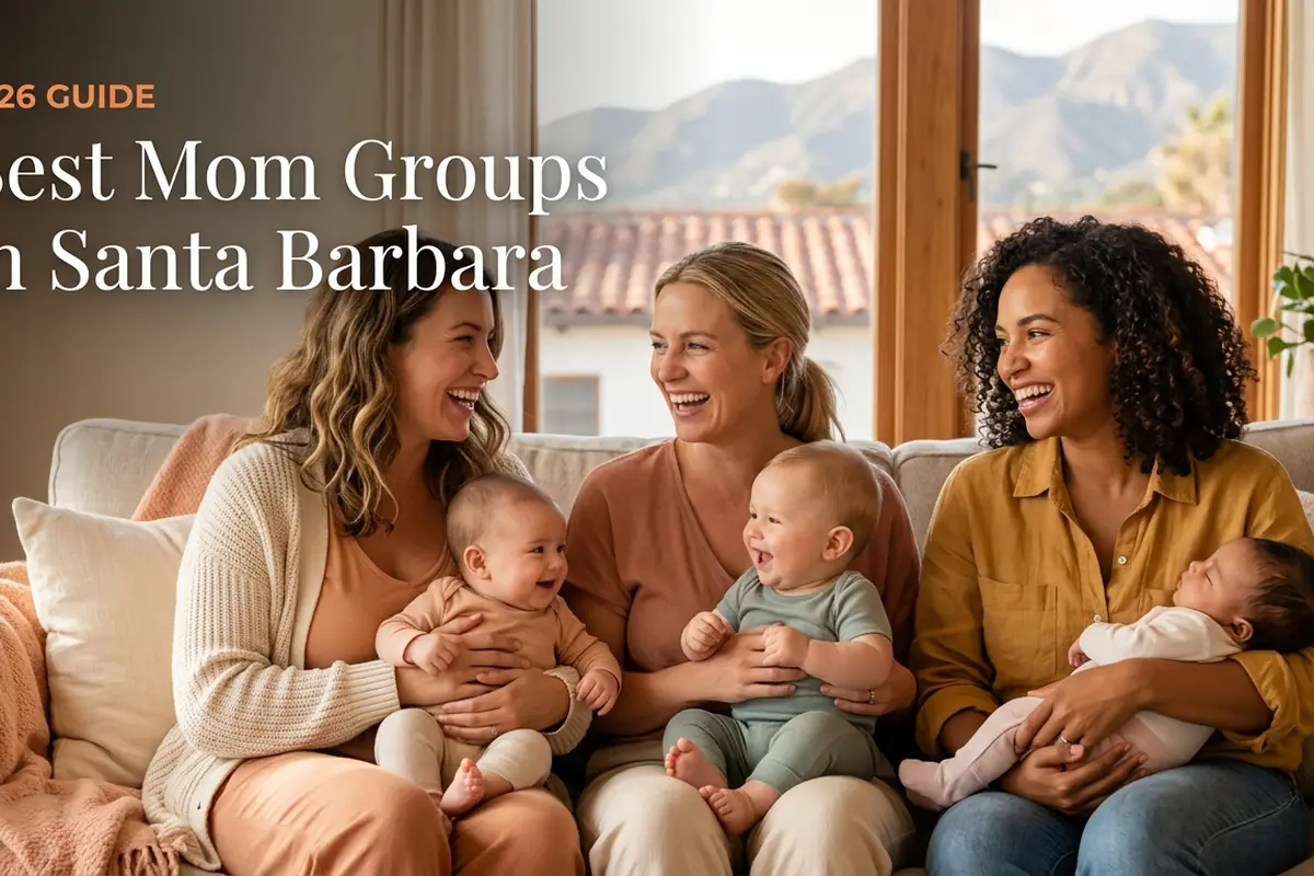 Three moms with babies at a mom group meetup in Santa Barbara, CA, from the 2026 guide to the best mom groups in Santa Barbara