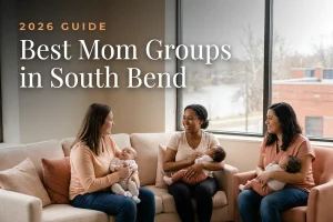 Best Mom Groups in South Bend | Betteroo Best mom groups in South Bend, IN: three moms holding their babies at a South Bend new-parent meetup
