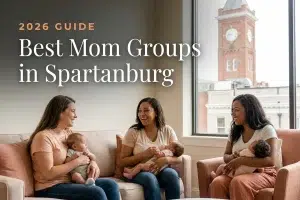 Best mom groups in Spartanburg, SC: three moms holding their babies at a Spartanburg new-parent meetup