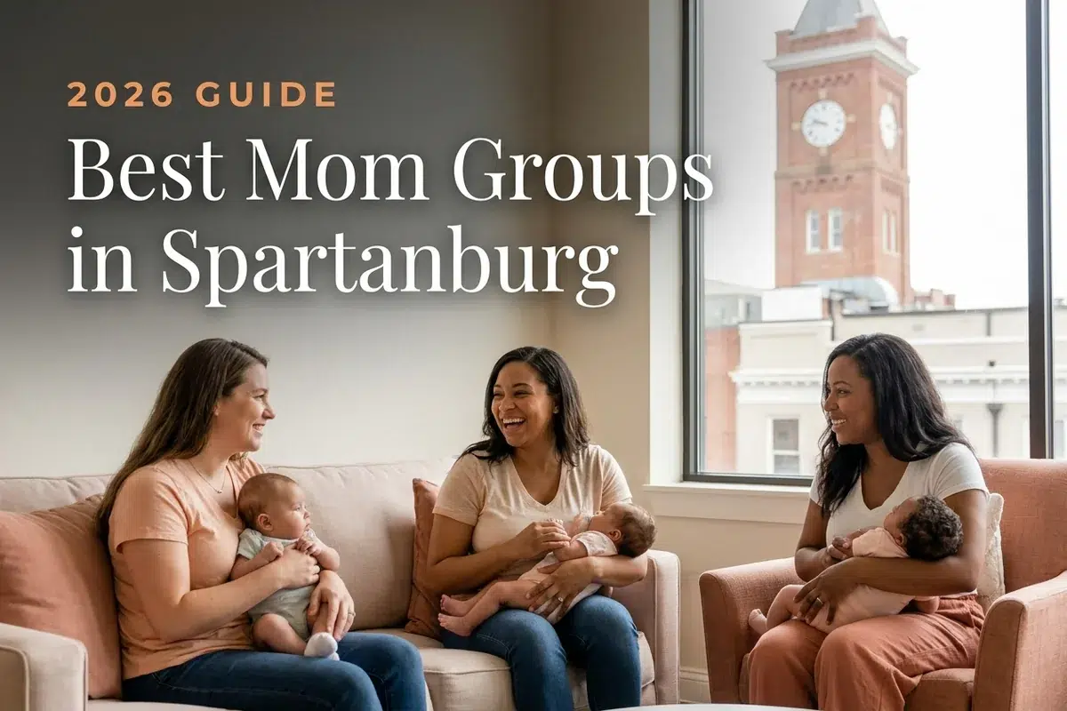 Best mom groups in Spartanburg, SC: three moms holding their babies at a Spartanburg new-parent meetup