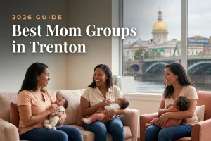 Best mom groups in Trenton, NJ: three moms holding their babies at a Trenton new-parent meetup