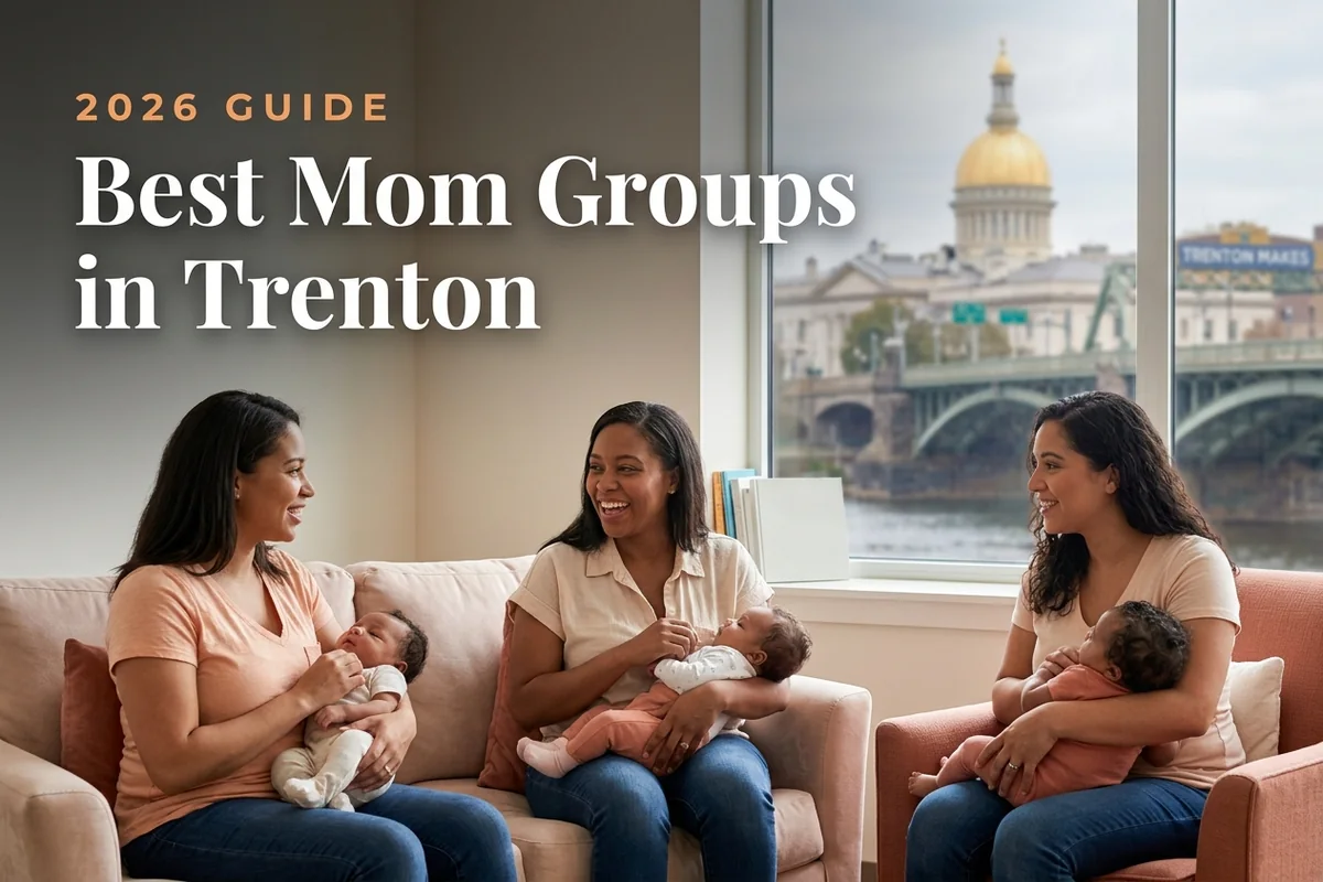 Best mom groups in Trenton, NJ: three moms holding their babies at a Trenton new-parent meetup