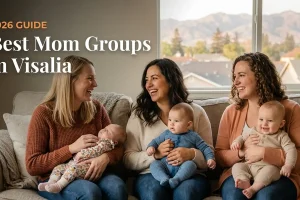Three moms with babies at a mom group meetup in Visalia, CA, from the 2026 guide to the best mom groups in Visalia