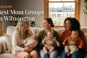 Bestmomgroupswilmington2026 | Betteroo Three moms with babies at a mom group meetup in Wilmington, NC, from the 2026 guide to the best mom groups in Wilmington