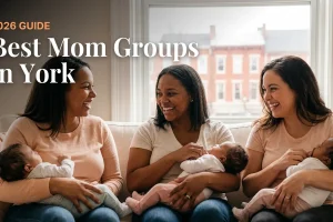 Bestmomgroupsyork2026 | Betteroo Three moms with babies at a mom group meetup in York, PA, from the 2026 guide to the best mom groups in York