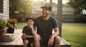 Father and son wearing matching Boy Dad caps laughing on a porch