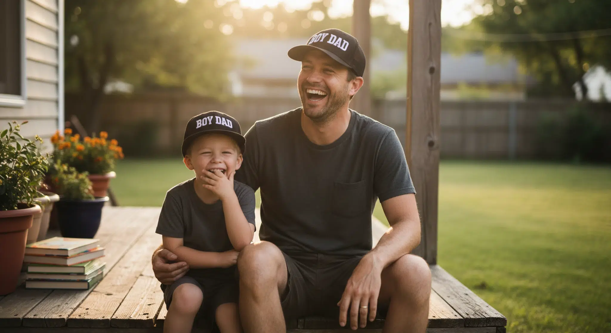 Father and son wearing matching Boy Dad caps laughing on a porch