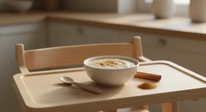 Small bowl of oatmeal dusted with cinnamon on a high chair tray next to a baby spoon