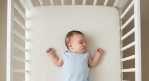 Baby sleeping safely on their back in a bare crib, the recommended alternative to side sleeping