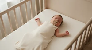 Baby sleeping on their back with a pacifier in a completely bare crib
