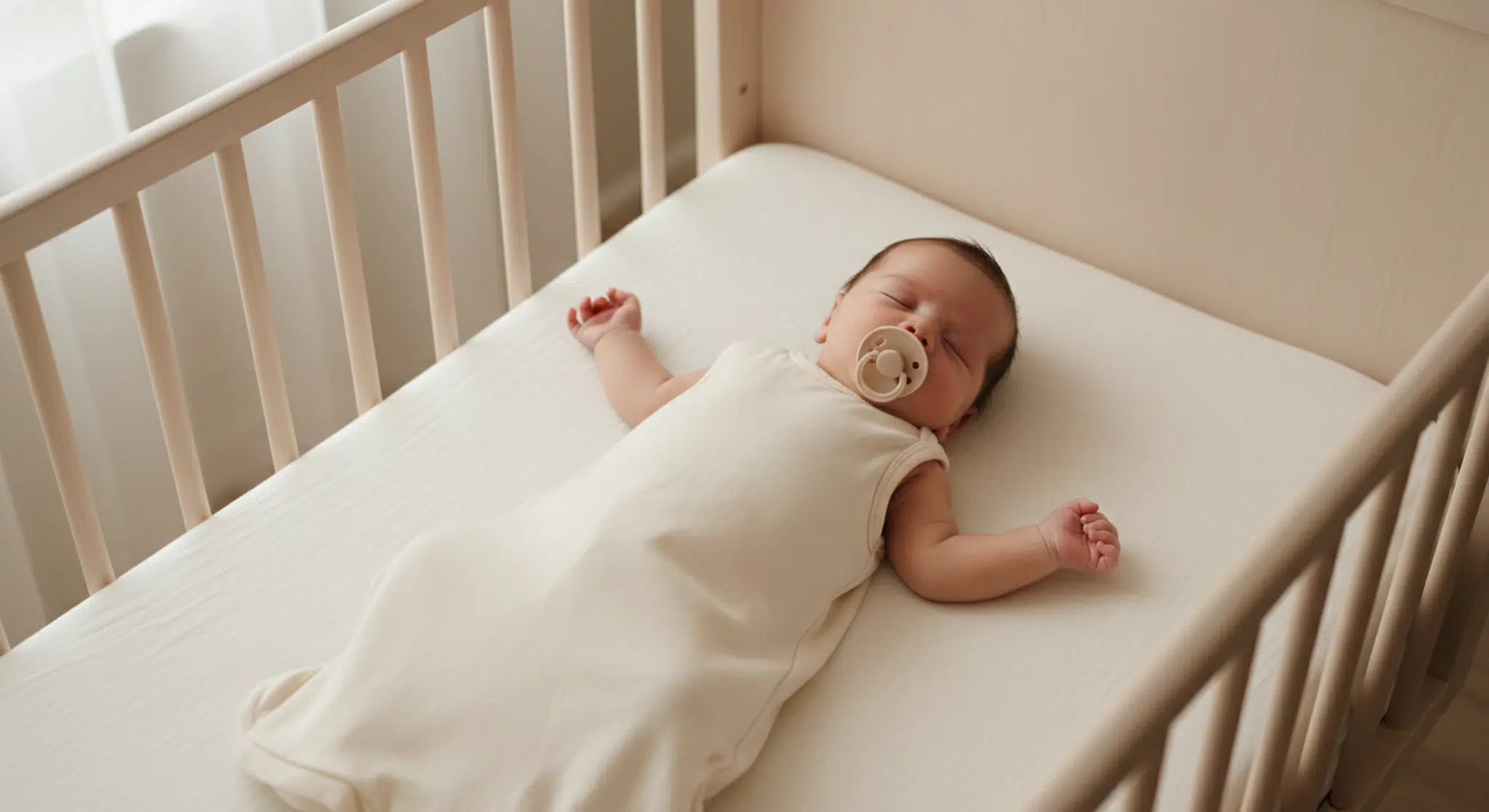 Baby sleeping on their back with a pacifier in a completely bare crib