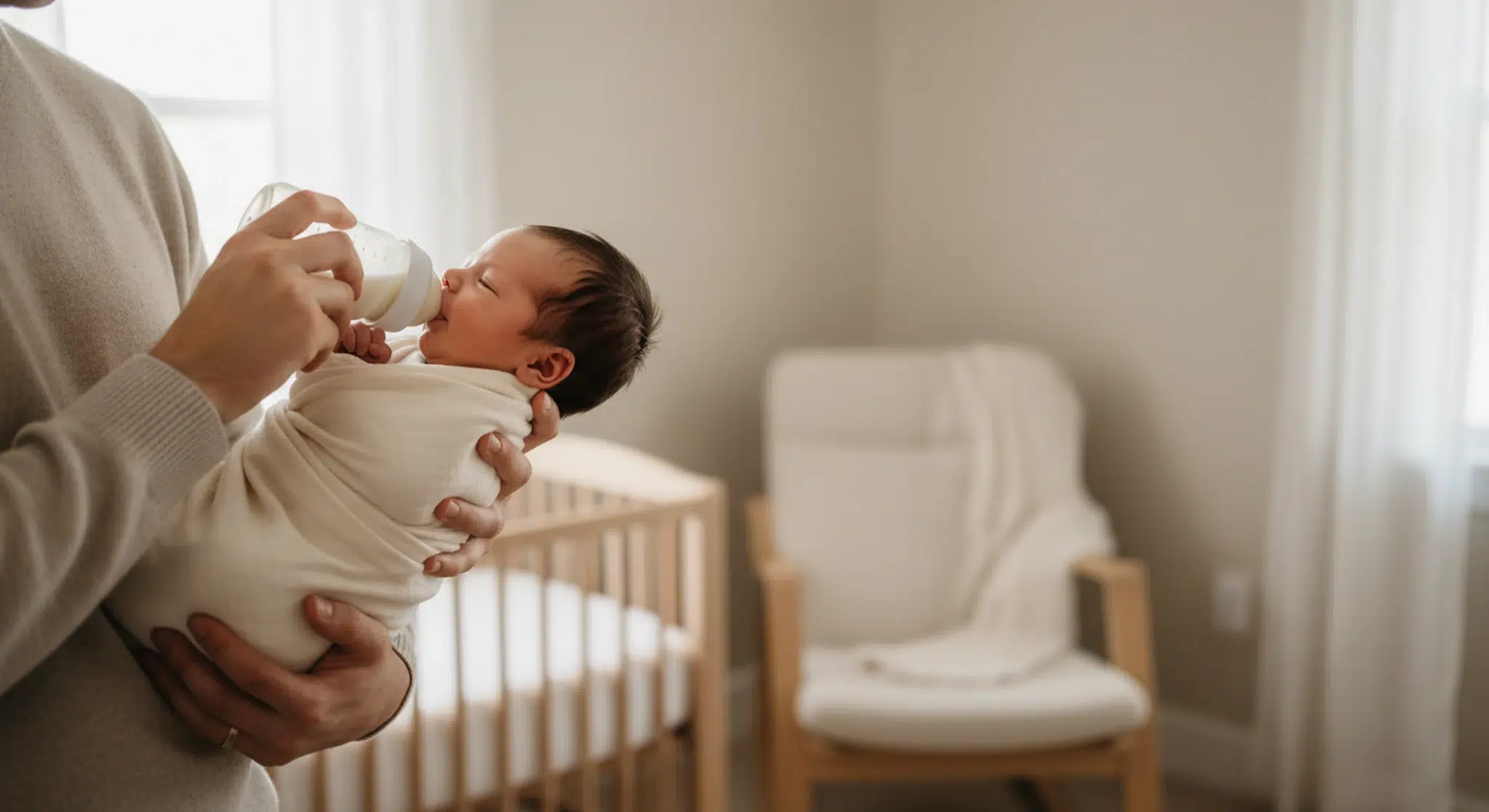 Parent holding a newborn upright in a calm, well-lit room during a paced bottle feed