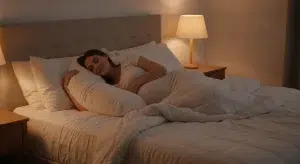 Pregnant woman resting comfortably in bed at night with a soft bedside lamp glowing