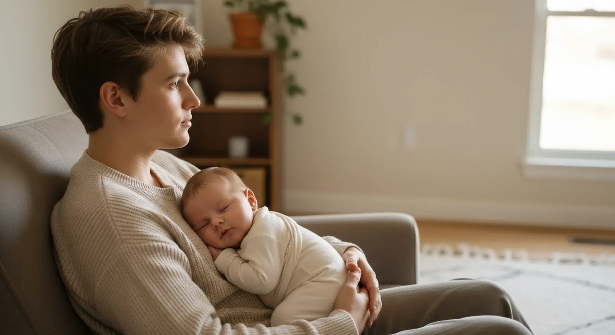 Baby sleeping on a caregiver's chest while the caregiver sits awake and upright in a chair