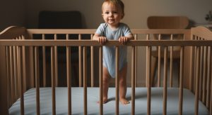 Awake toddler standing and holding the rail in a bare safe crib at night