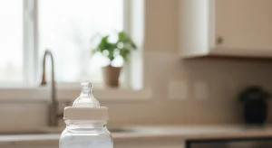 Bottle of prepared infant formula on a clean counter next to a measuring scoop