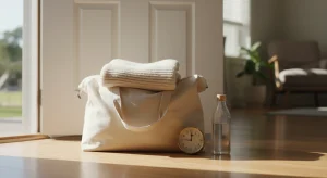Early Labor Vs Active Labor How to Tell the Difference | Betteroo Packed hospital bag by the front door with a soft blanket and a small analog clock beside it