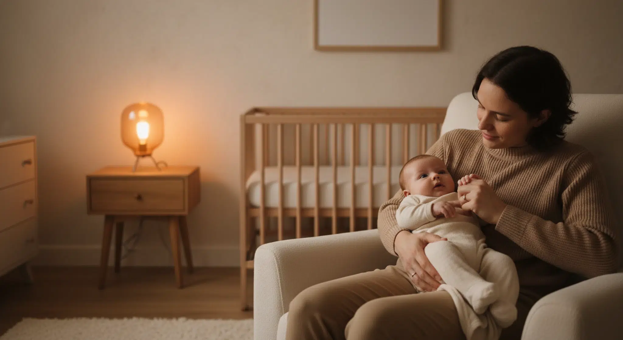 Parent gently soothing an awake baby standing in a dimly lit nursery in the early evening