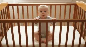 Wide-eyed alert baby sitting up in a fully enclosed crib, hands on the front rail, looking out curiously