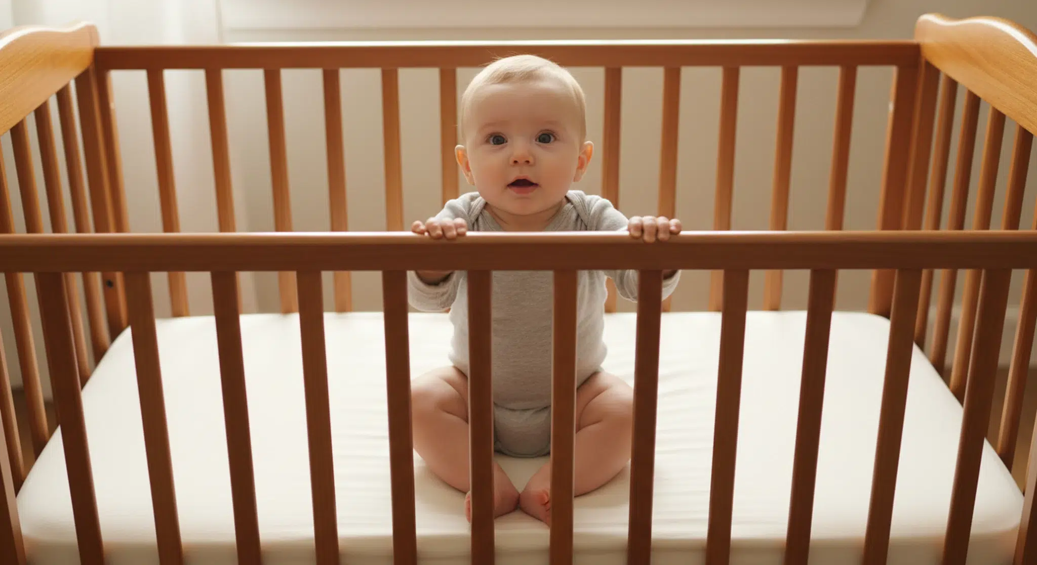 Wide-eyed alert baby sitting up in a fully enclosed crib, hands on the front rail, looking out curiously