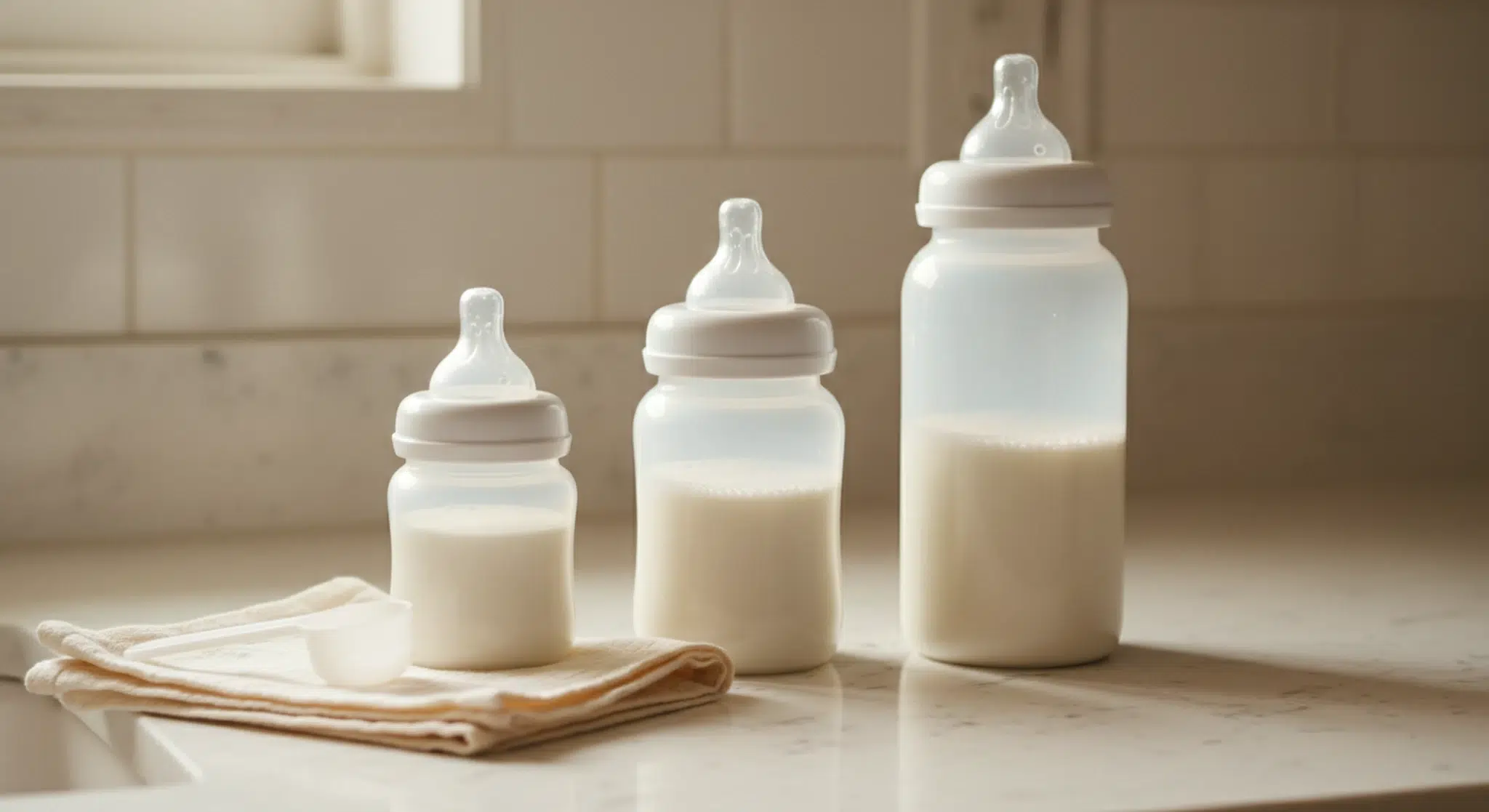 Prepared baby bottles of formula lined up on a kitchen counter next to a formula scoop and a burp cloth