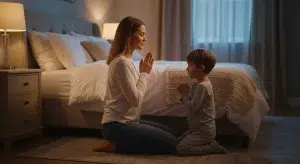 Good Night Prayers 25 Evening Prayers for Peaceful Sleep | Betteroo Mother and young child kneeling beside a bed with hands folded in prayer in warm lamplight