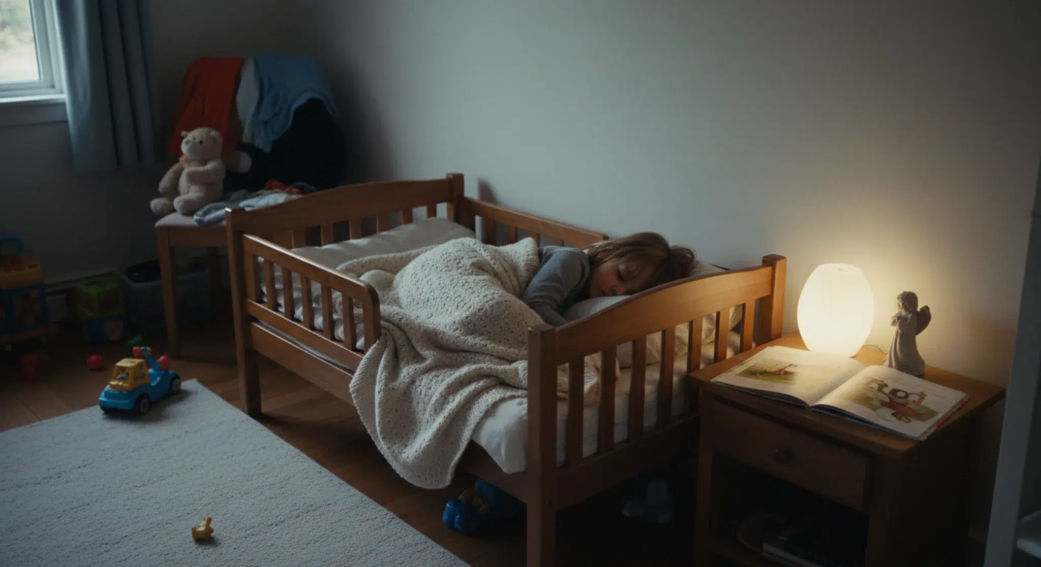 Preschool child sleeping peacefully in a toddler bed under warm light with a small angel figurine on the nightstand