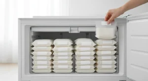 Labeled bags of frozen breast milk organized flat in a freezer drawer, illustrating how long frozen breast milk lasts