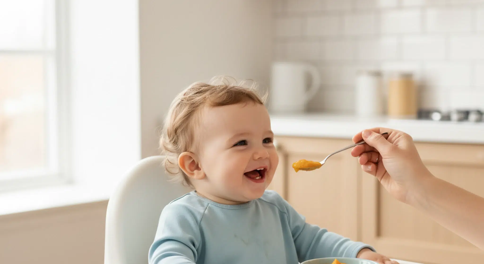 Happy 8 month old baby in a high chair being spoon-fed a small amount of thick mashed food in a bright, clean kitchen.