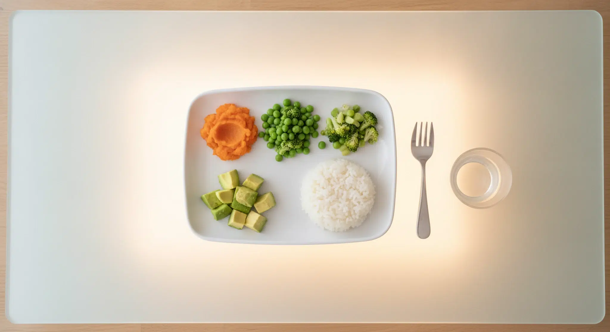 Small toddler-sized plate with modest portions of vegetables, grains and protein on a table