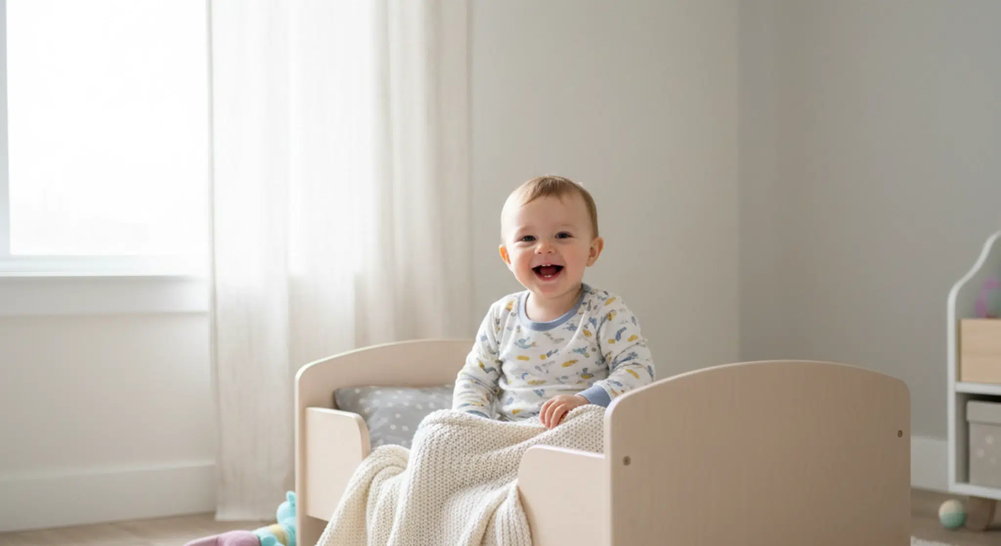 Well-rested happy 2 year old toddler sitting up awake and smiling in a cozy toddler bed with a light blanket in a bright morning bedroom