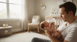 Parent holding a newborn semi-upright and bottle feeding with the bottle nearly horizontal