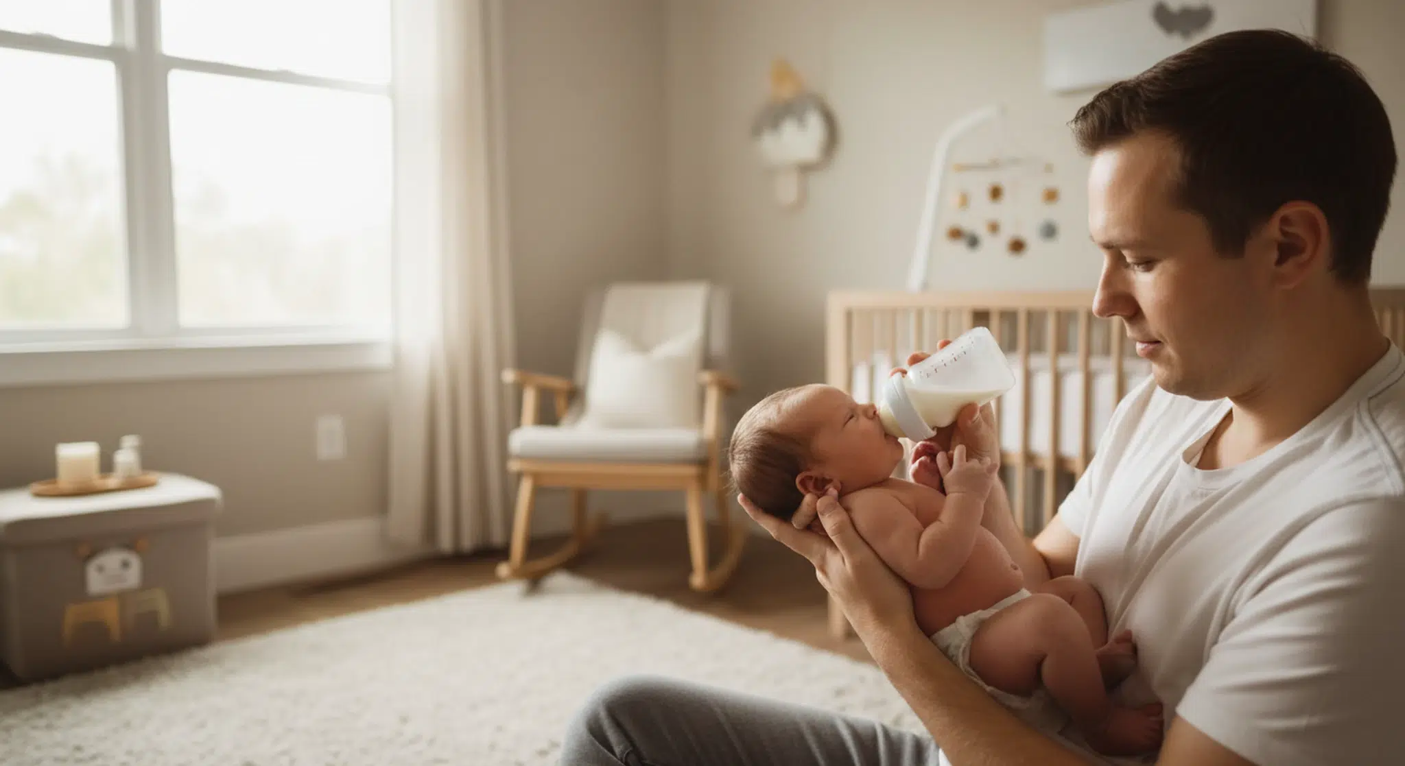 Parent holding a newborn semi-upright and bottle feeding with the bottle nearly horizontal
