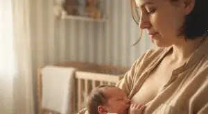 Parent breastfeeding a newborn in a comfortable cradle hold in a softly lit room
