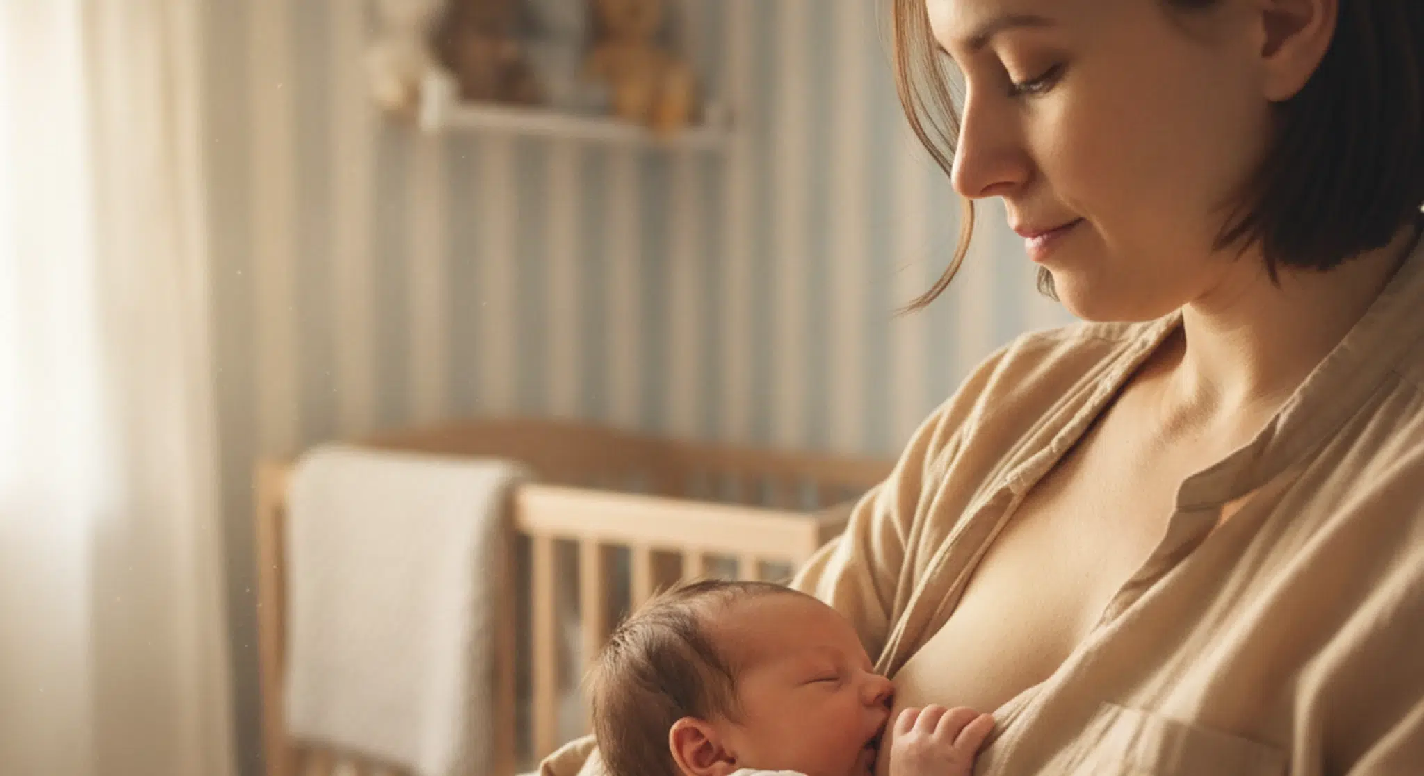 Parent breastfeeding a newborn in a comfortable cradle hold in a softly lit room